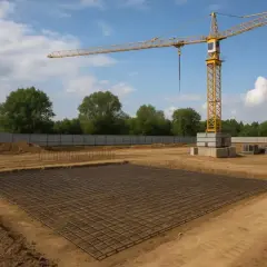 Żółty żuraw wieżowy na placu budowy z zbrojeniem fundamentów.