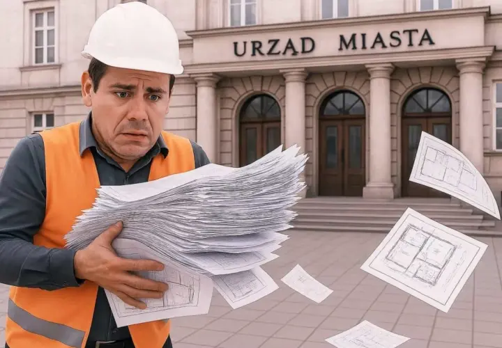 Budowlaniec zmartwiony stertą dokumentów przed Urzędem Miasta. Czy to już zgłoszenie zamiast pozwolenia na budowę?