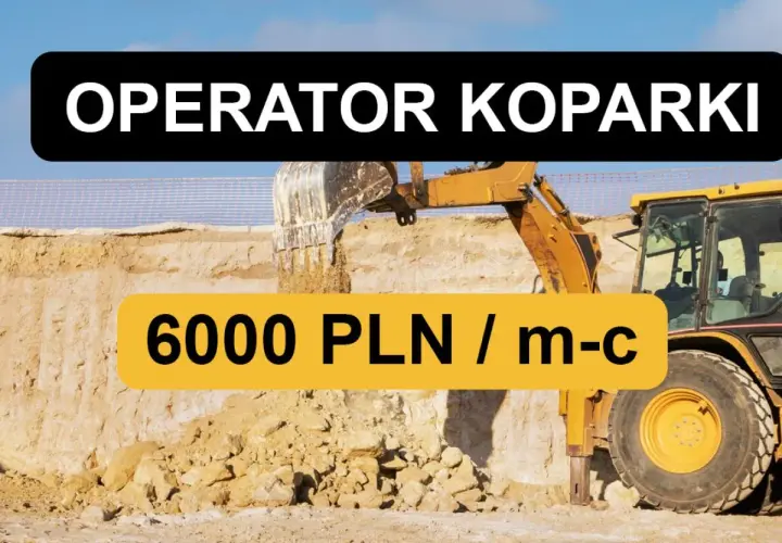 Operator koparki zarabia 6000 PLN miesięcznie. Żółta koparka pracuje na budowie.