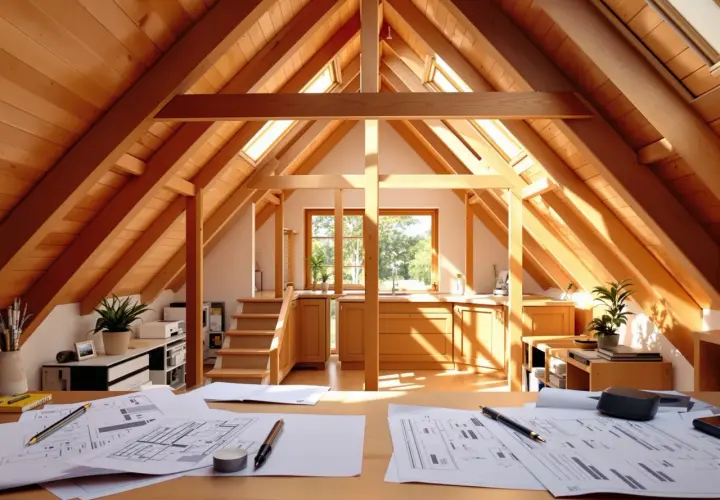 Na stole leżą plany architektoniczne. W tle widać kuchnię i schody prowadzące na poddasze użytkowe, które jest pełnoprawną kondygnacją.