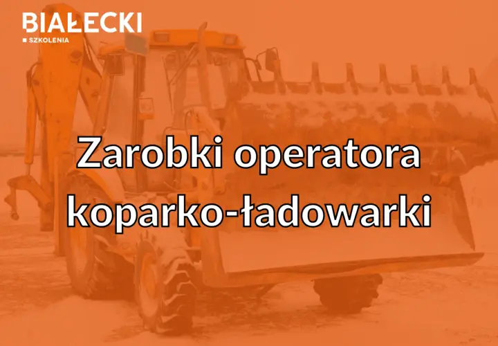 Żółta koparko-ładowarka na tle śniegu, z napisem "Zarobki operatora koparko-ładowarki".