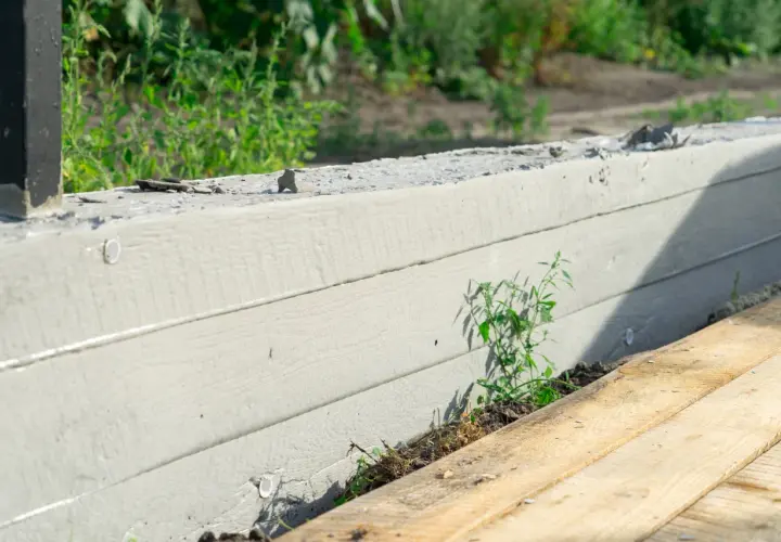 Betonowy fundament pod ogrodzenie, z widocznymi deskami szalunkowymi i zielenią.