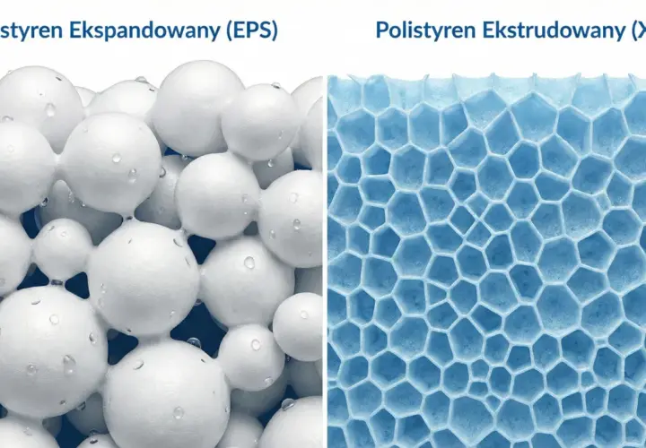 Porównanie struktur styropianu EPS (białe kulki) i XPS (niebieskie komórki).