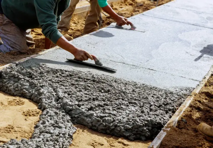 Robotnicy wygładzają świeżą wylewkę betonową. Zastanawiasz się, na ile starczy 25 kg wylewki?