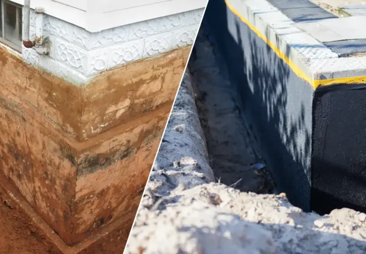 Porównanie: stary, wilgotny fundament z widoczną warstwą ziemi obok nowej, czarnej hydroizolacji. Jaka izolacja na fundament jest kluczowa.
