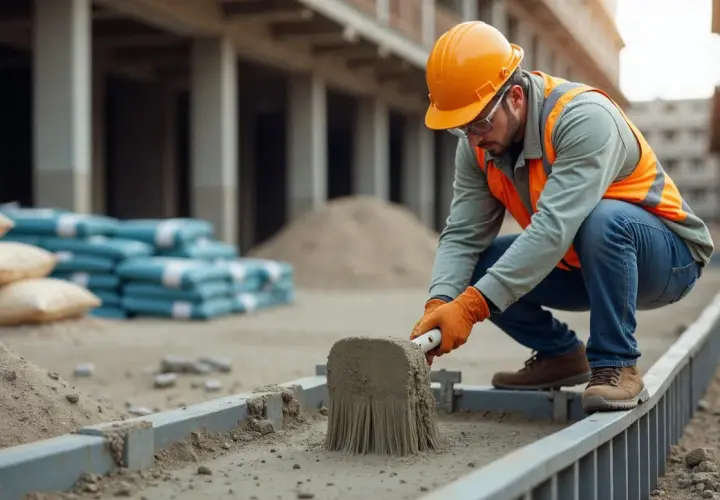 Budowlaniec w pomarańczowym kasku i kamizelce pracuje z betonem na budowie.