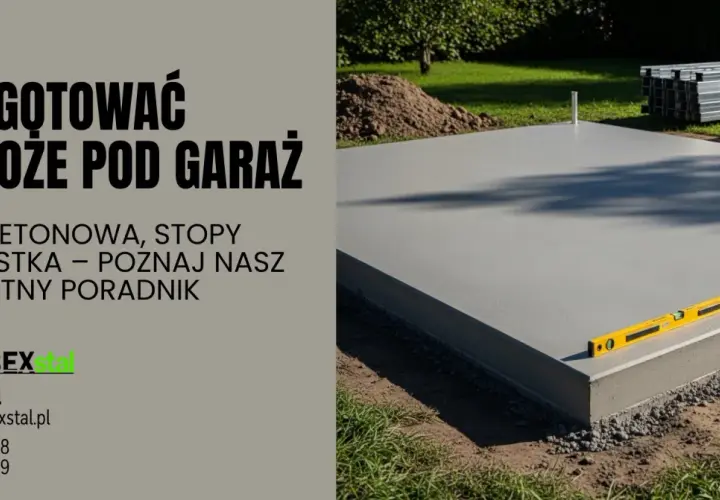Betonowa płyta fundamentowa pod garaż z poziomicą.