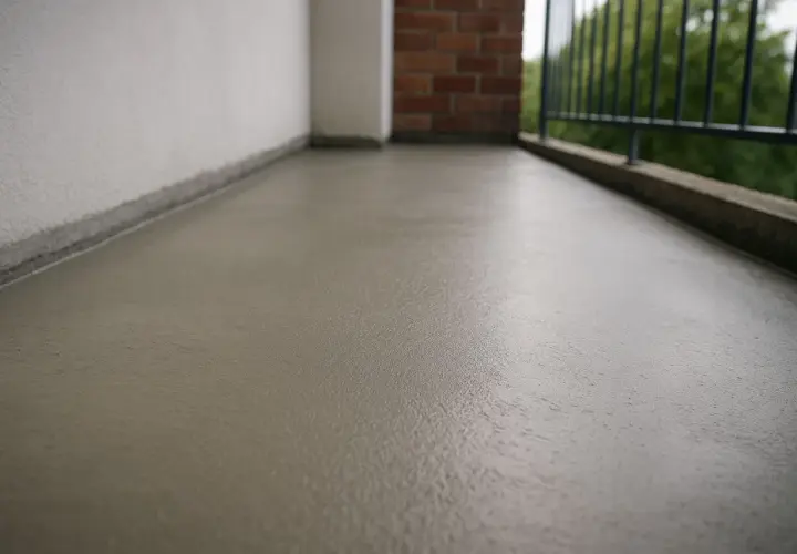 Świeżo wylana, szara wylewka na balkon, gotowa na nowe wykończenie.