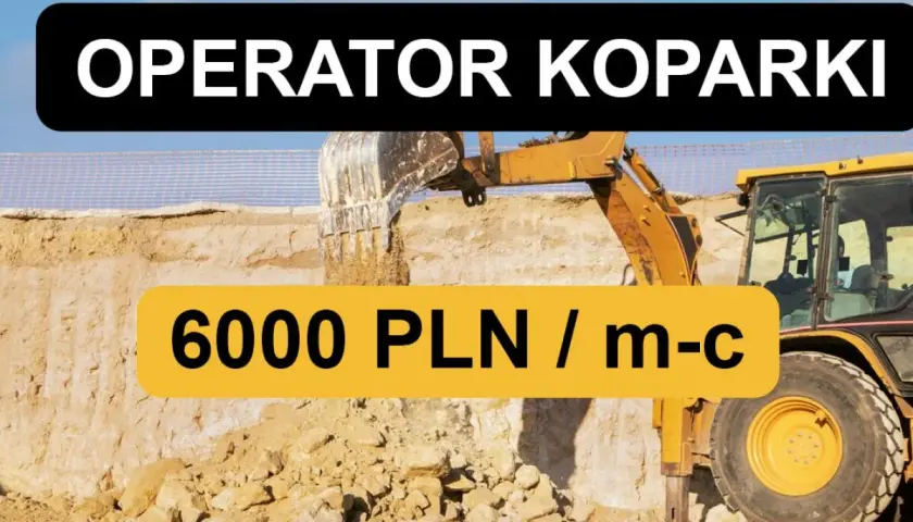 Operator koparki zarabia 6000 PLN miesięcznie. Żółta koparka pracuje na budowie.