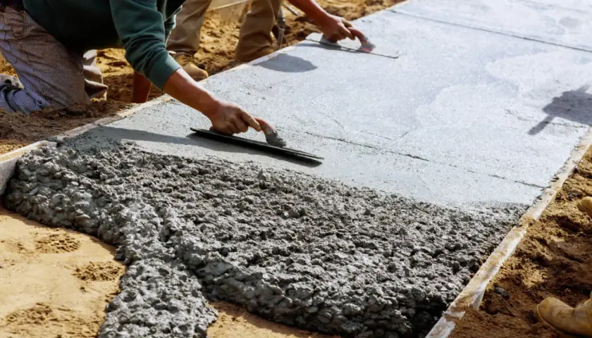 Robotnicy wygładzają świeżą wylewkę betonową. Zastanawiasz się, na ile starczy 25 kg wylewki?