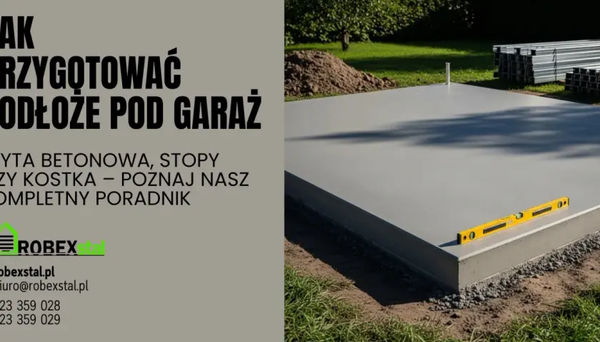Betonowa płyta fundamentowa pod garaż z poziomicą.