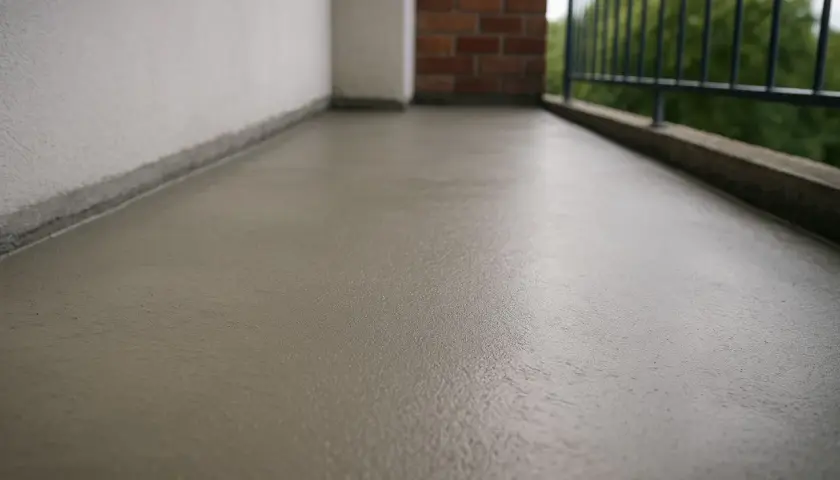 Świeżo wylana, szara wylewka na balkon, gotowa na nowe wykończenie.