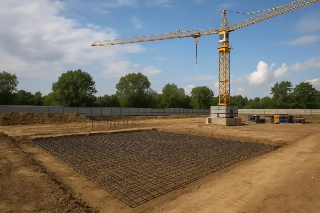 Żółty żuraw wieżowy na placu budowy z zbrojeniem fundamentów.