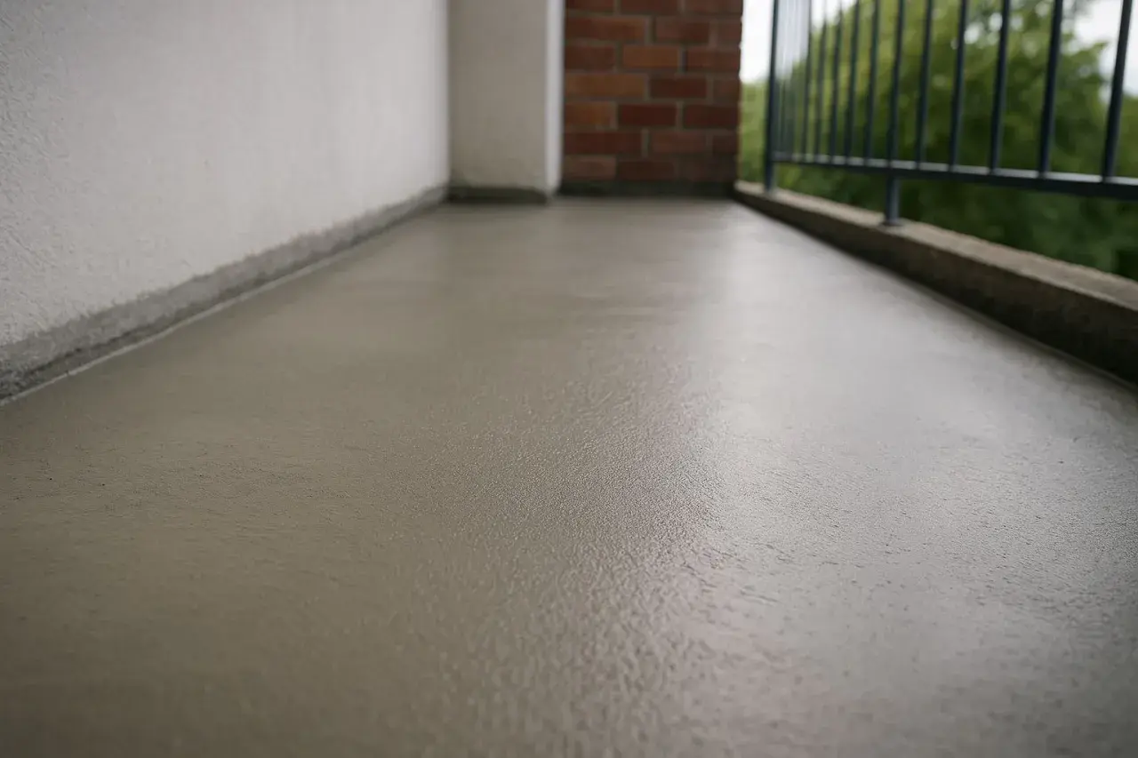 Świeżo wylana, szara wylewka na balkon, gotowa na nowe wykończenie.