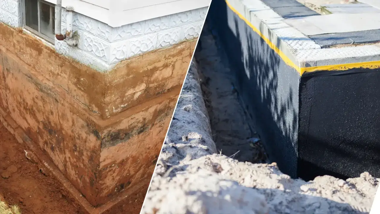 Porównanie: stary, wilgotny fundament i nowy, zabezpieczony czarną masą. Dowiedz się, czym zabezpieczyć fundamenty.
