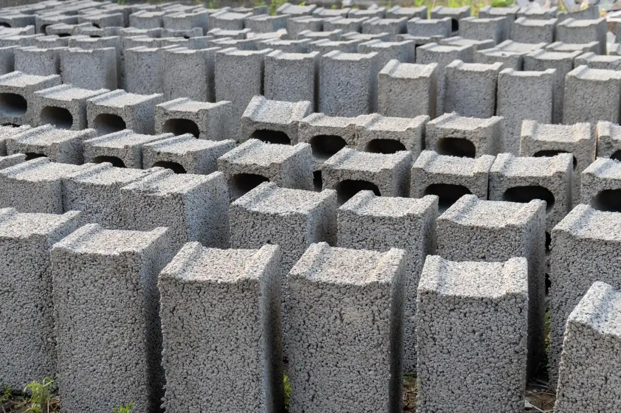 Rzędy betonowych bloczków, gotowych na fundamenty. Wybór między bloczkami z betonu a wylewanymi fundamentami jest kluczowy dla trwałości budowli.