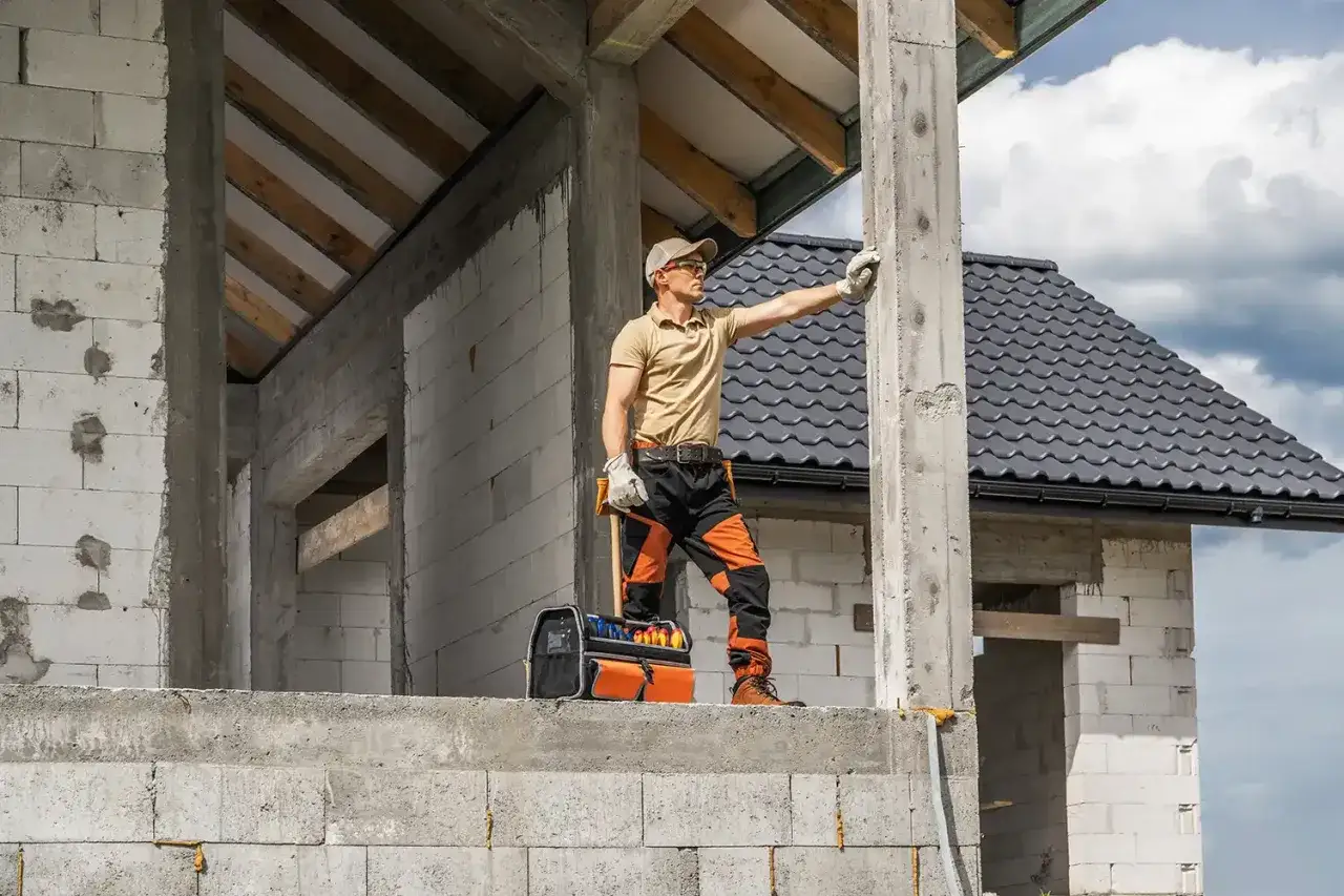 Budowlaniec na budowie domu 35m2. Rozważa, jaki fundament pod dom będzie najlepszy.