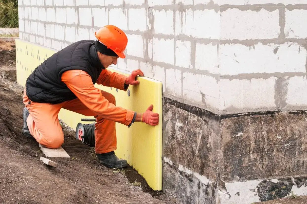 Budowlaniec w pomarańczowym stroju montuje żółtą płytę izolacyjną. To kluczowy etap, by wiedzieć, czy ocieplać fundamenty w starym domu.